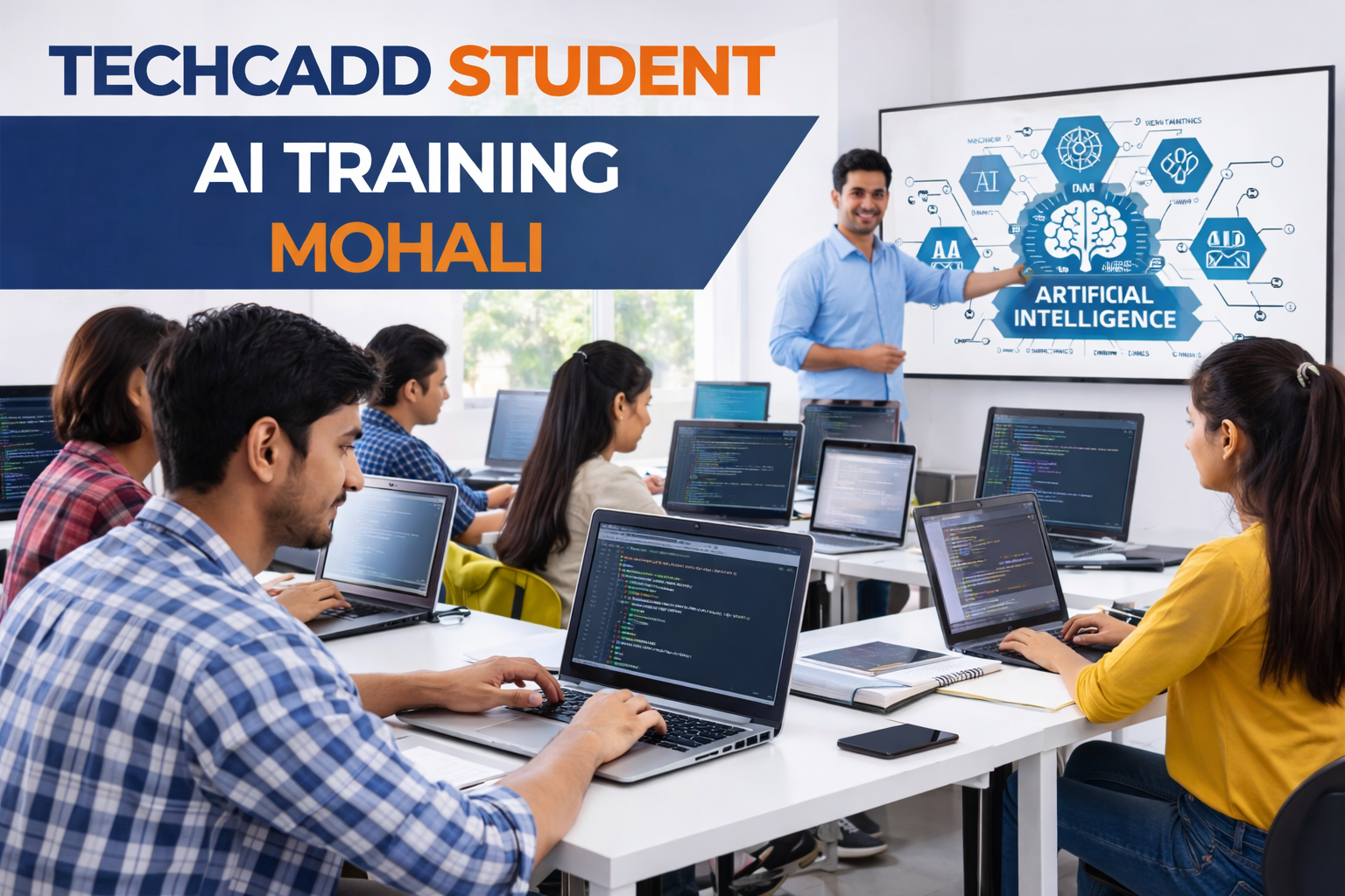 Techcadd student learning Artificial Intelligence training in Mohali using laptop with machine learning models and coding practice in modern classroom
