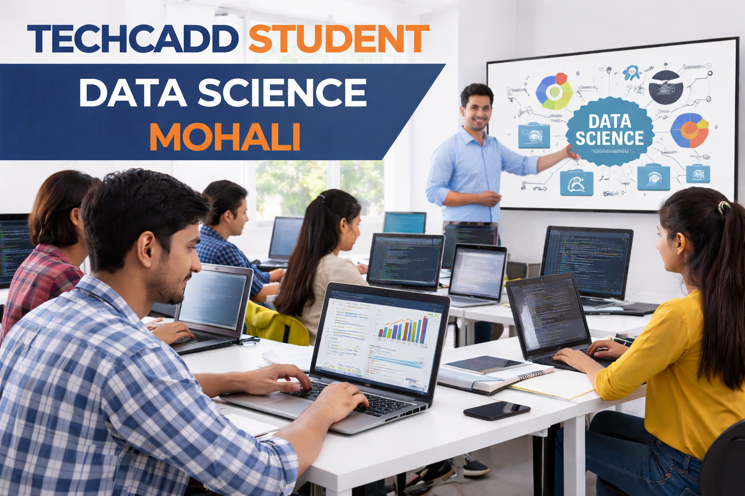Techcadd student learning data science training in Mohali using laptop with Python, data analysis tools, and machine learning concepts in a modern classroom environment
