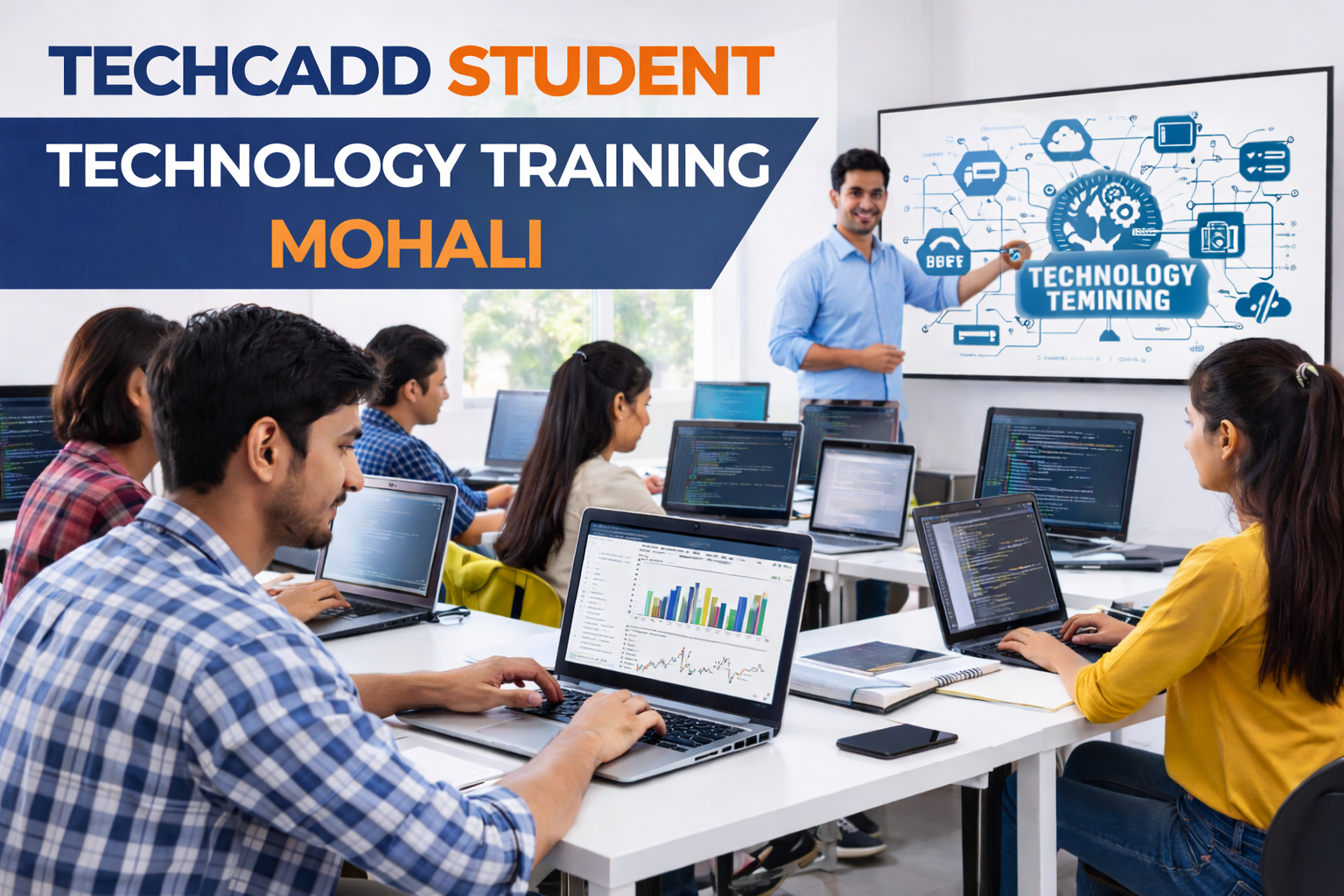 Techcadd student learning technology training in Mohali using laptops and modern programming tools in a professional computer training classroom