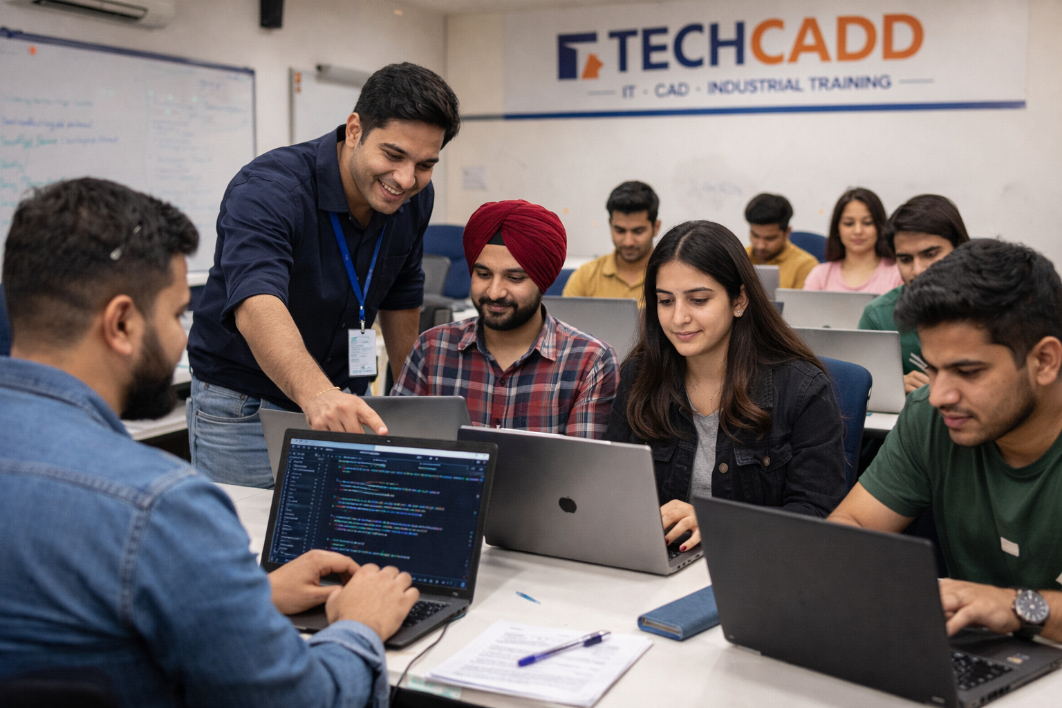 Techcadd student career development Mohali with students learning modern technology skills, coding, and professional training in a classroom environment.