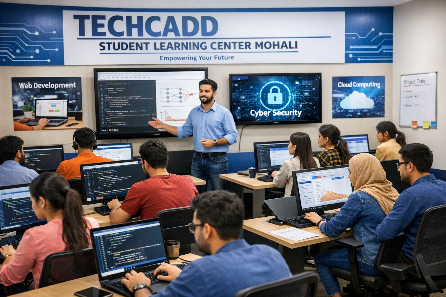 Techcadd student learning center Mohali modern classroom with students practicing programming and technology training.