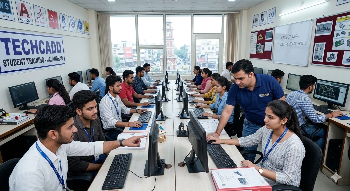 Techcadd students attending computer training classes in Jalandhar and learning modern technology skills in a classroom lab environment