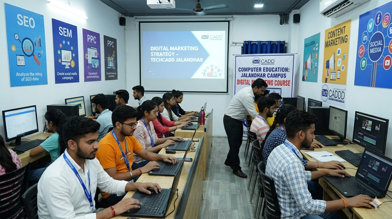 Techcadd students learning web development in Jalandhar while coding websites and applications in a computer lab