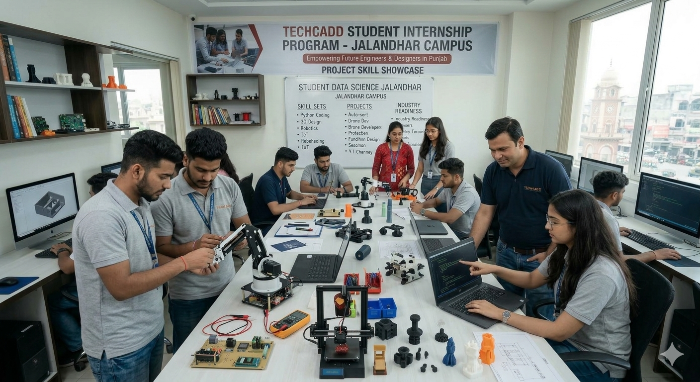 Techcadd students learning data science in Jalandhar while analyzing datasets and practicing data analytics on computers in a training lab
