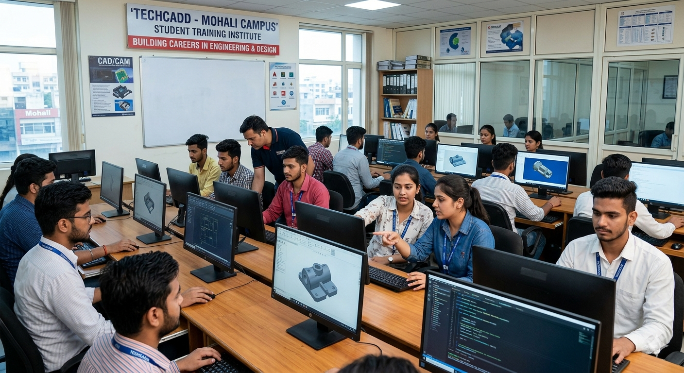 Techcadd students studying and practicing technology skills in the learning center in Jalandhar with computers and professional training support
