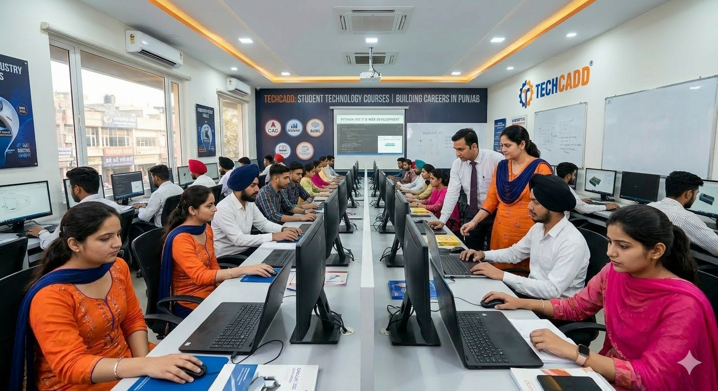 Techcadd students attending training programs in Punjab while learning practical IT skills and working on real-time projects in a computer lab