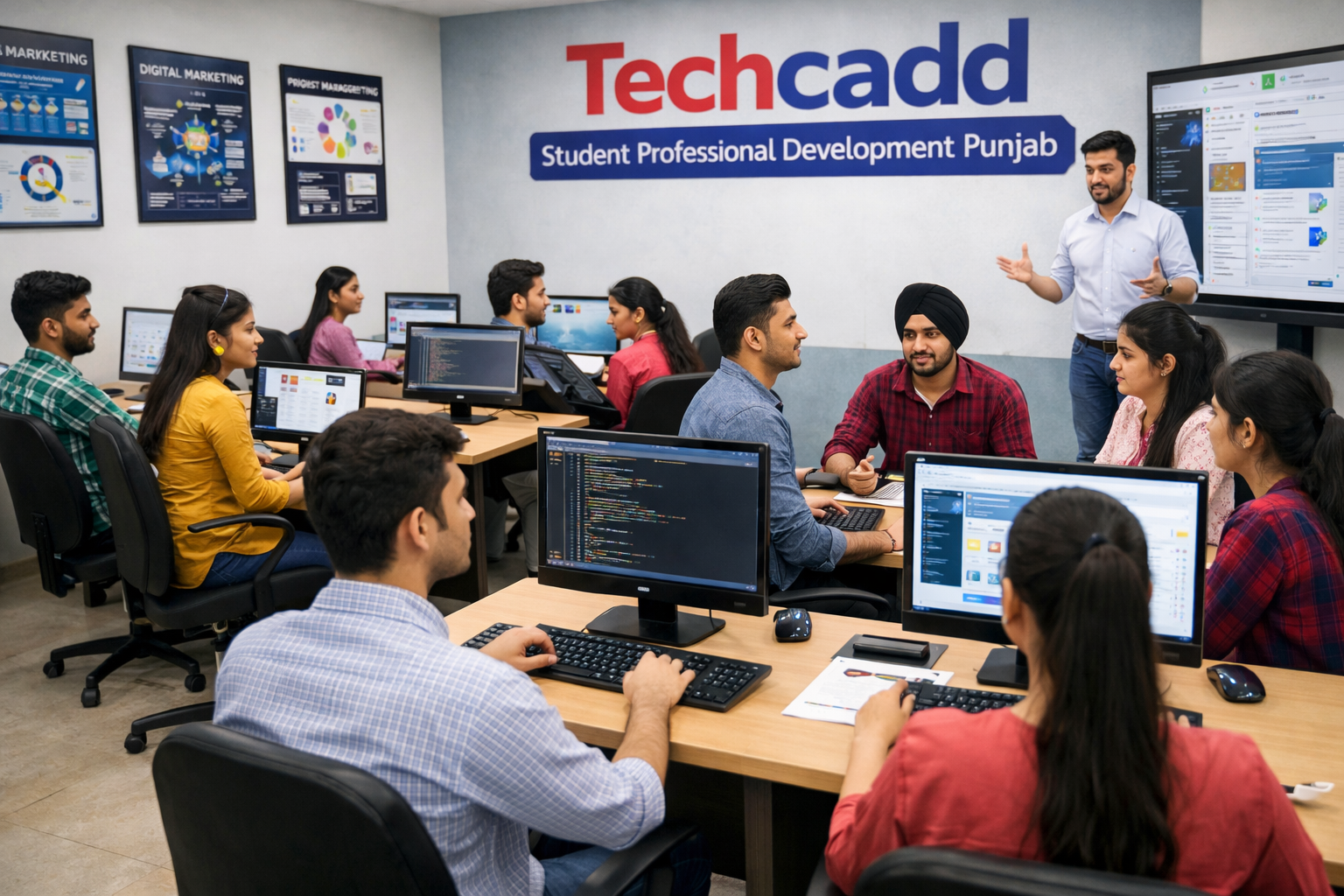 Techcadd students engaged in professional development training in Punjab, learning IT skills, communication, and working on real-time projects in a modern classroom