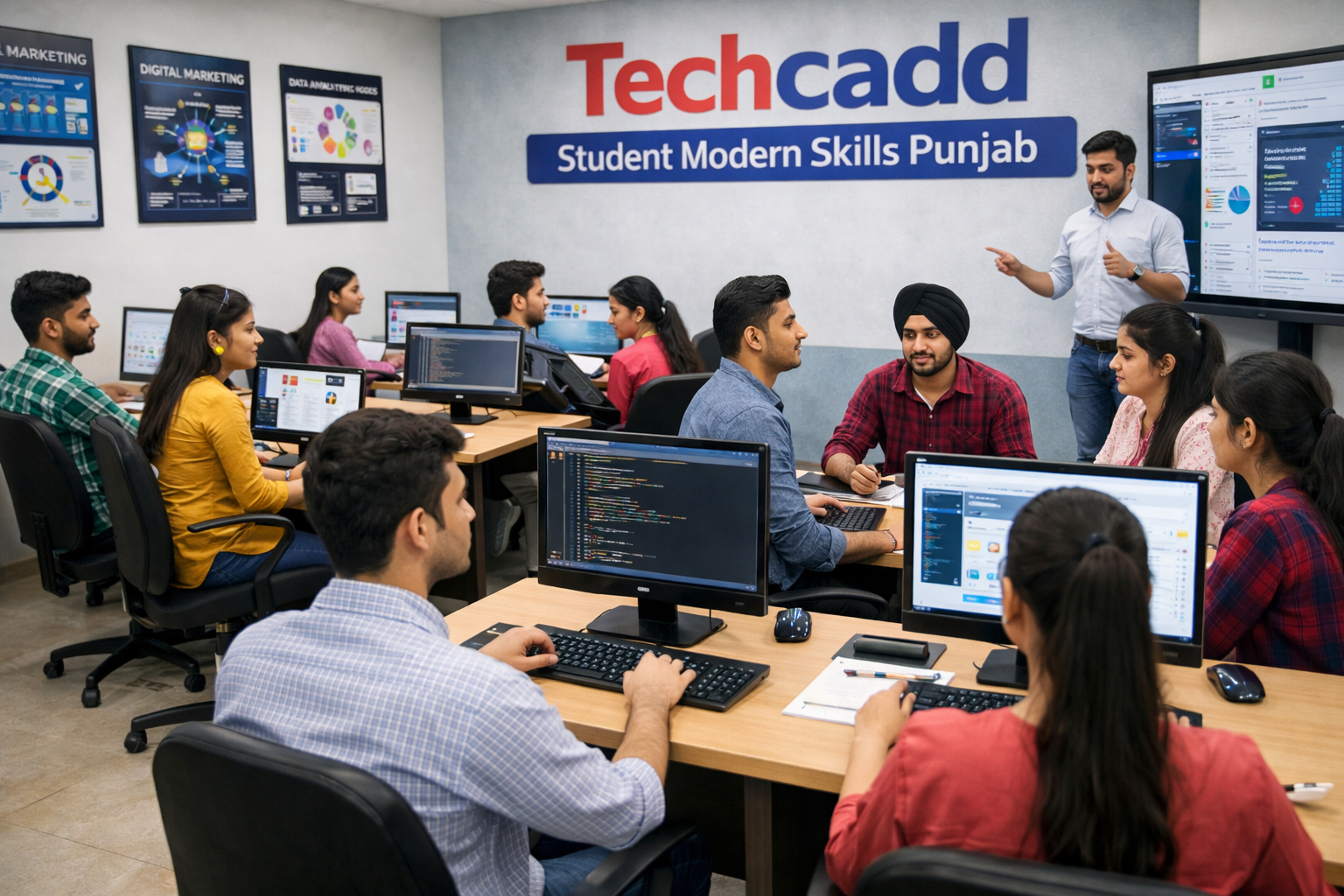 Techcadd students learning modern skills in Punjab, working on computers, coding, and collaborating on real-world IT and digital projects in a classroom