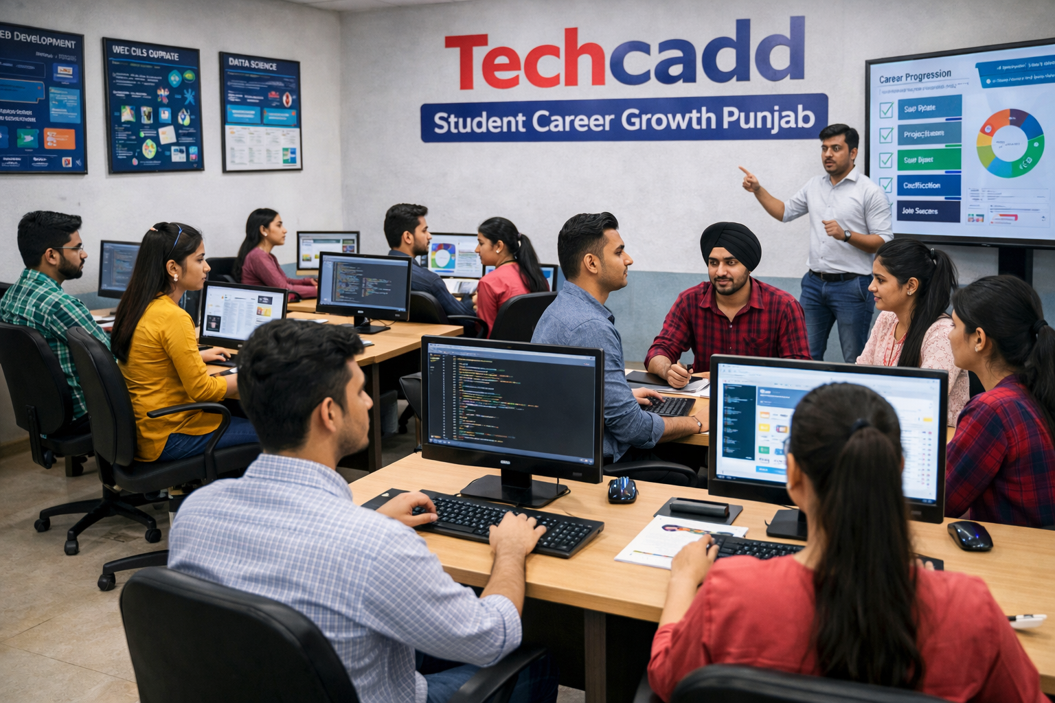 Techcadd students focusing on career growth in Punjab, learning IT skills, attending training sessions, and working on real-world projects in a modern classroom