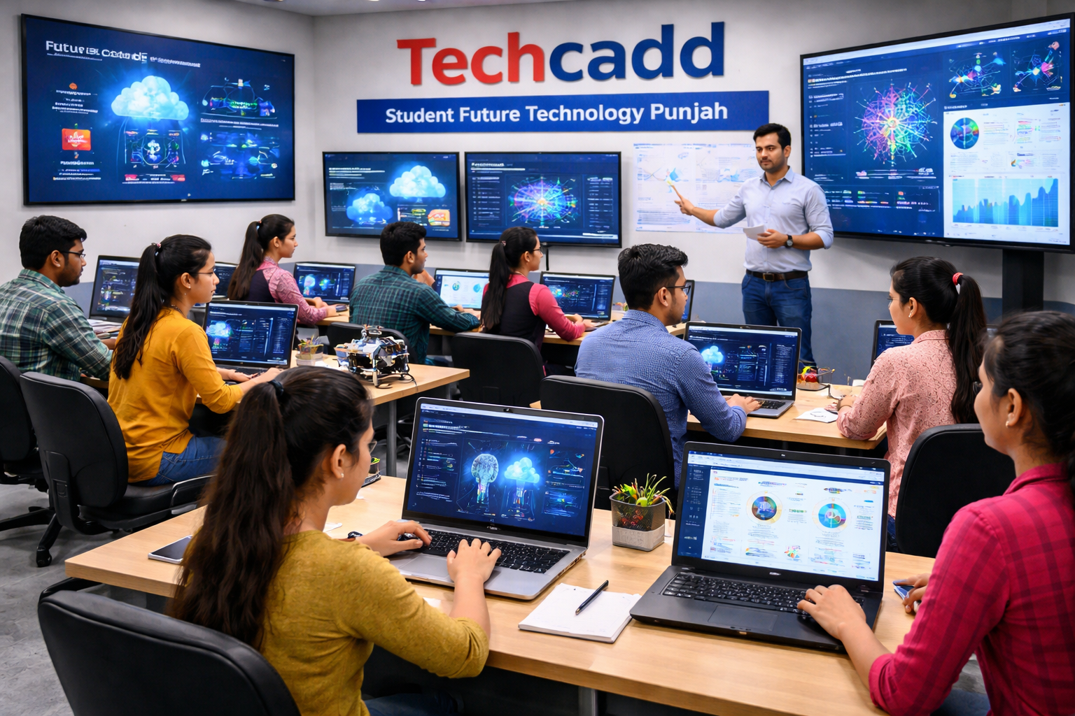 Techcadd students learning future technology in Punjab, exploring AI, robotics, cloud computing, and data analytics in a modern classroom with computers and interactive screens