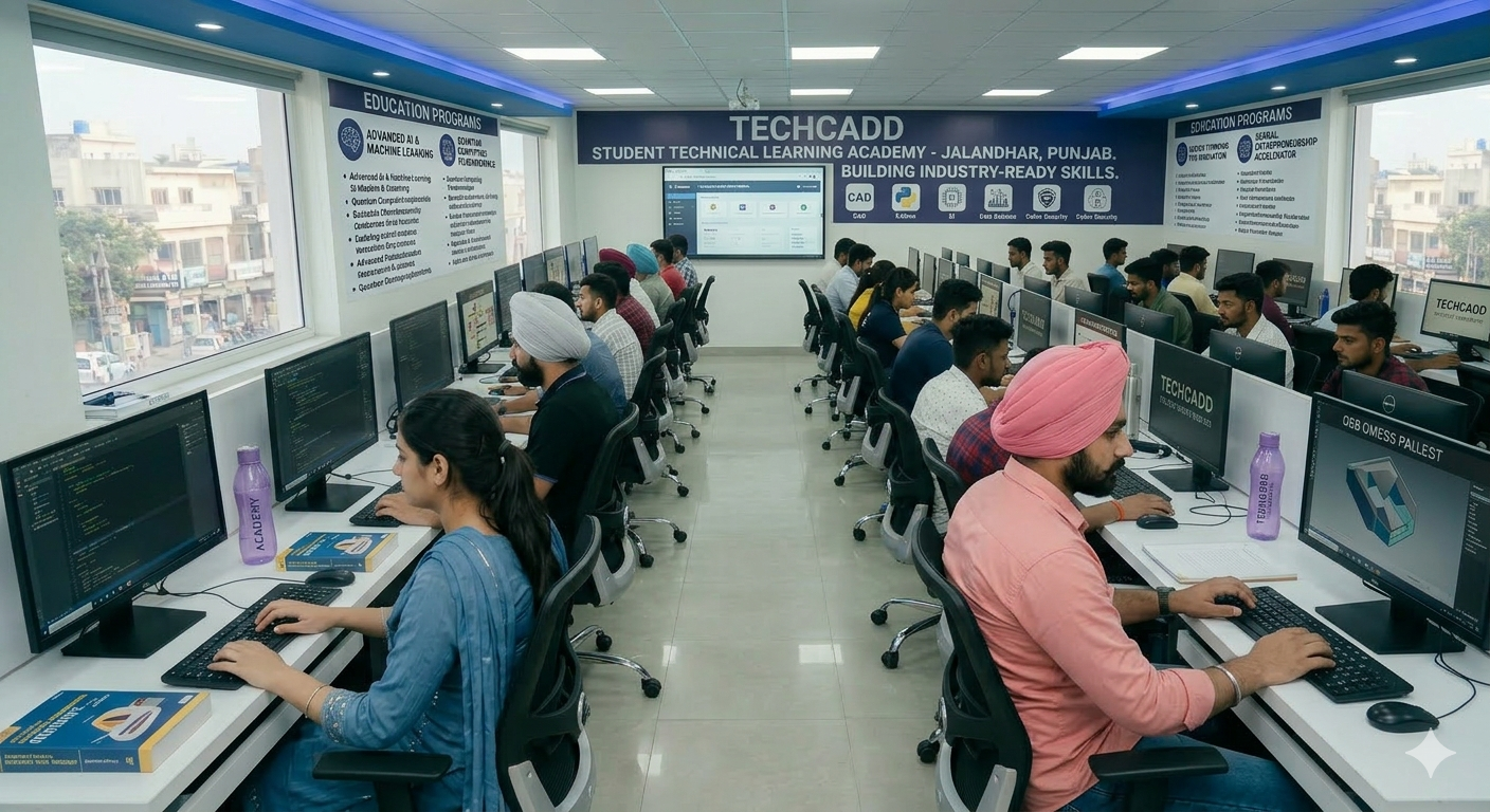 Techcadd students engaged in digital education in Punjab, learning IT, coding, AI, and data analytics through computers and interactive digital tools in a modern classroom