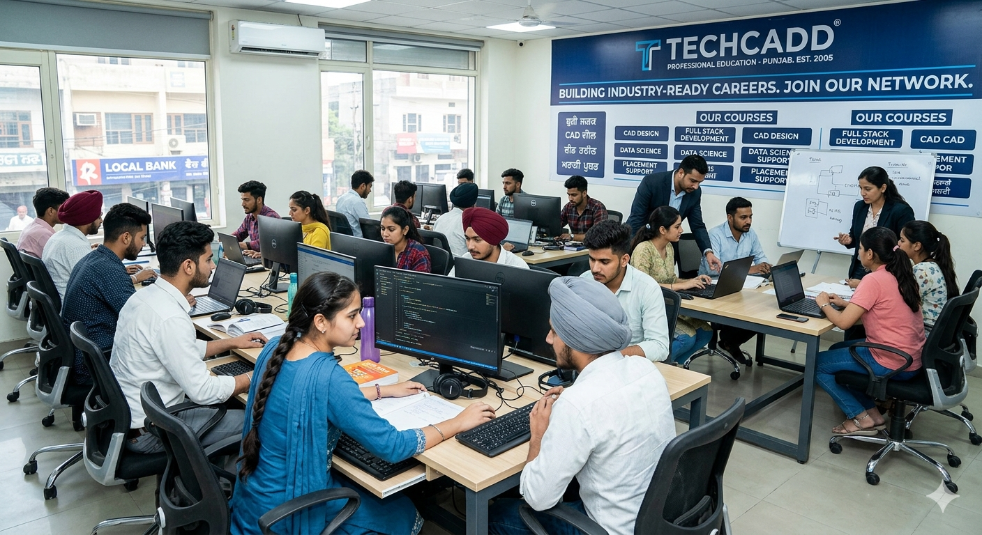 Techcadd students engaged in professional education in Punjab, learning IT, coding, and working on real-world projects in a modern classroom setup