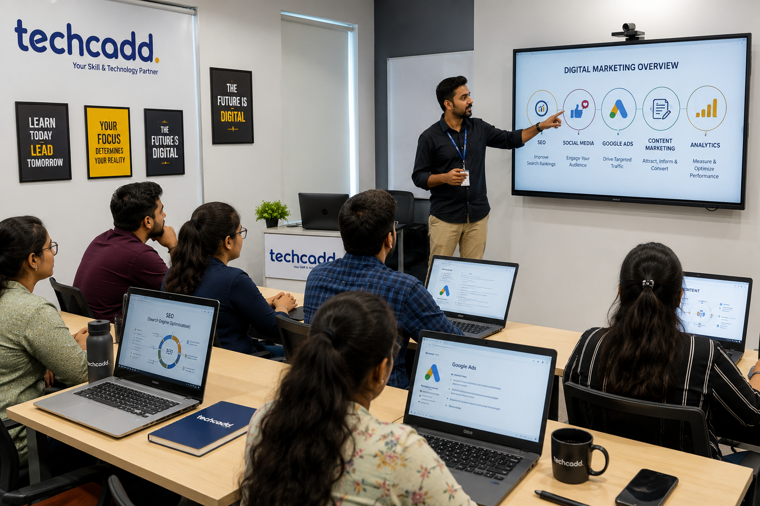 Students attending live digital marketing classes, trainer explaining marketing concepts
