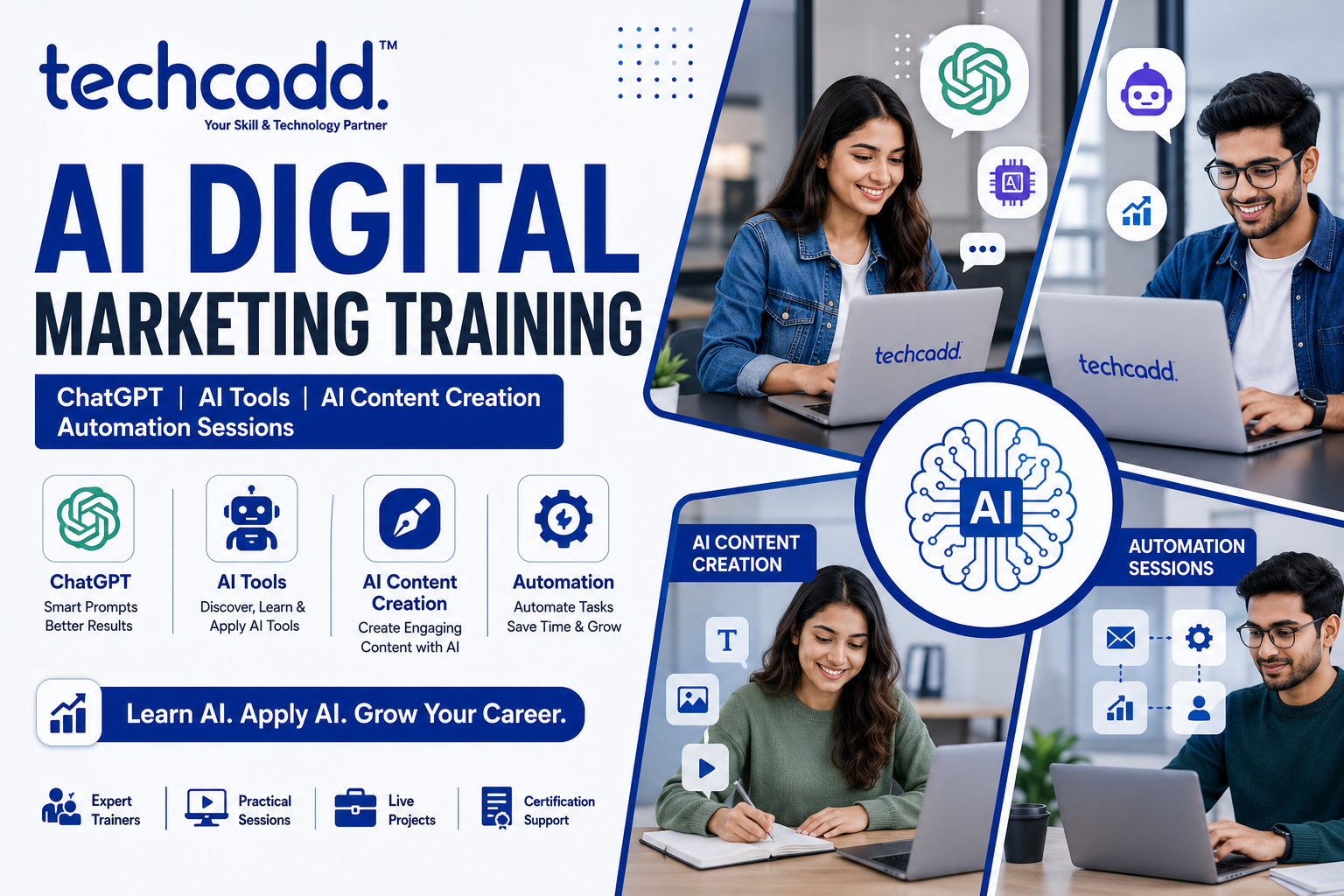 Students learning AI Digital Marketing Training with ChatGPT, AI tools, AI content creation, and marketing automation sessions at Techcadd.