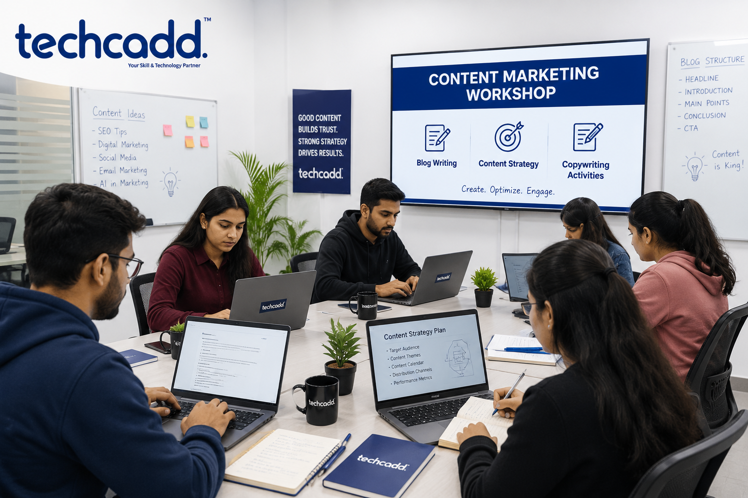 Students participating in a Content Marketing Workshop at Techcadd, learning blog writing, content strategy, SEO content creation, and copywriting through practical activities.