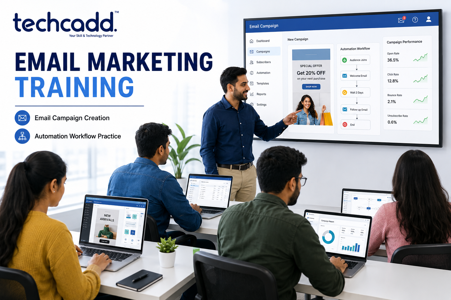 Students attending Email Marketing Training at Techcadd, learning email campaign creation, automation workflows, audience segmentation, newsletter design, and email marketing strategies using professional tools.