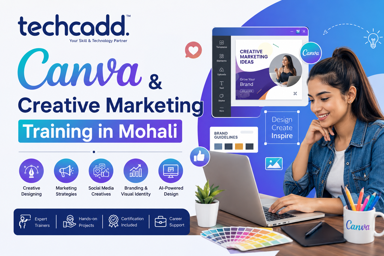 Students learning Canva and creative marketing design techniques during Canva & Creative Marketing Training in Mohali at Techcadd.