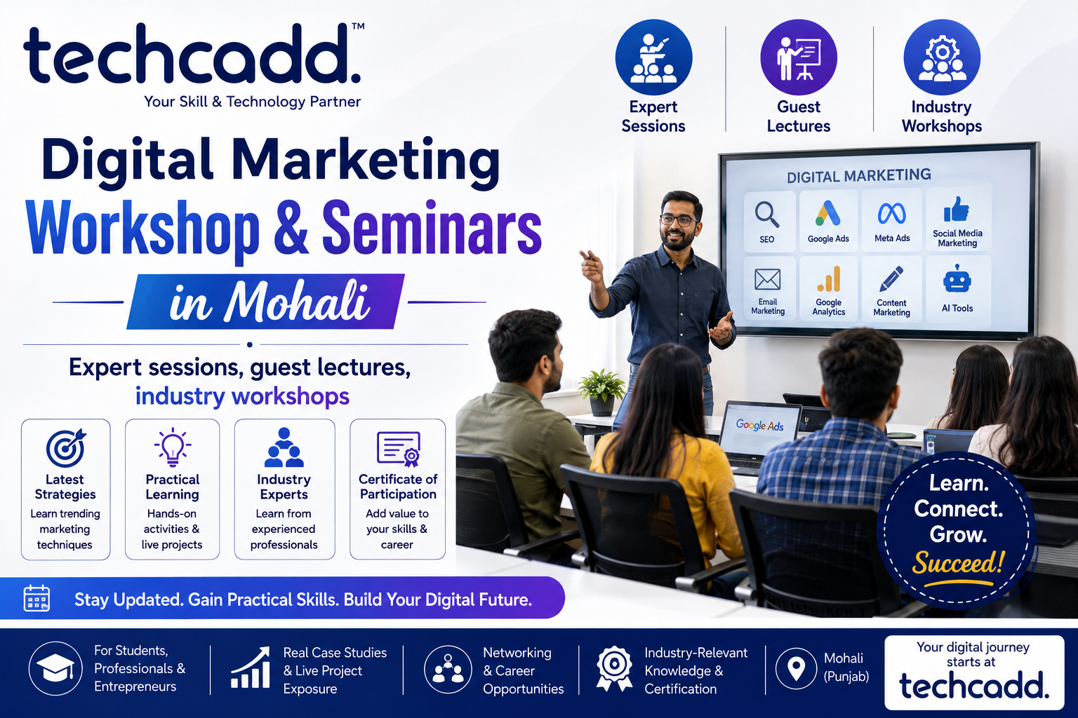Students attending Digital Marketing Workshops & Seminars in Mohali at Techcadd with expert sessions, guest lectures, and industry workshops on SEO, Google Ads, and social media marketing.