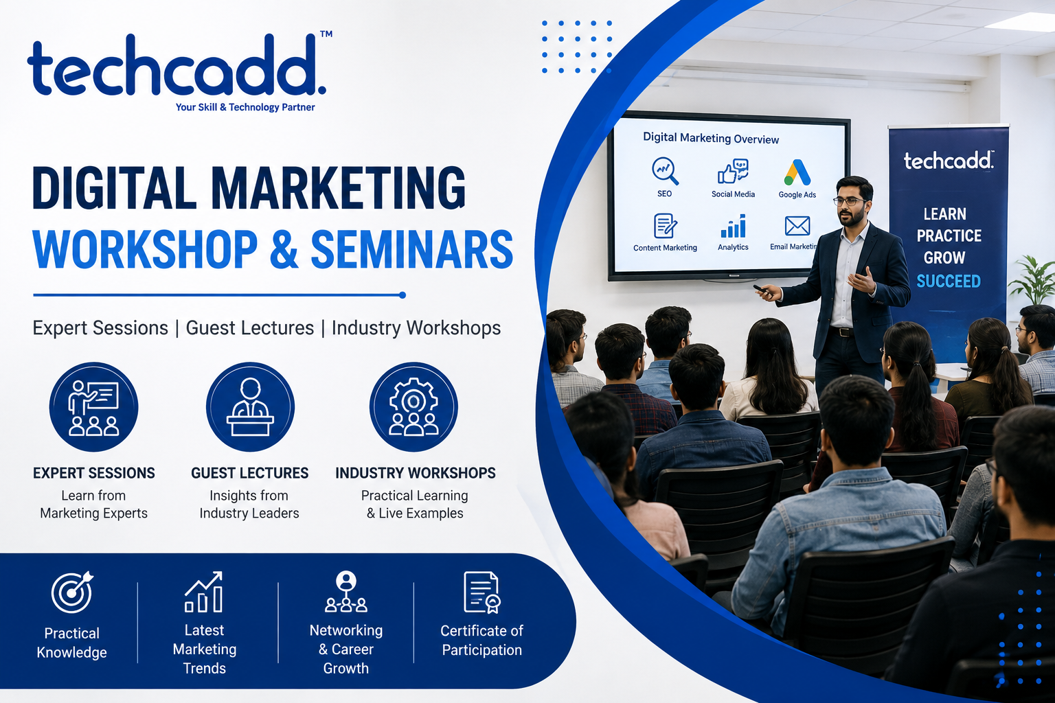 Students attending a Digital Marketing Workshop & Seminars at Techcadd Mohali with expert sessions, guest lectures, and industry workshops on SEO, AI, Google Ads, and social media marketing.