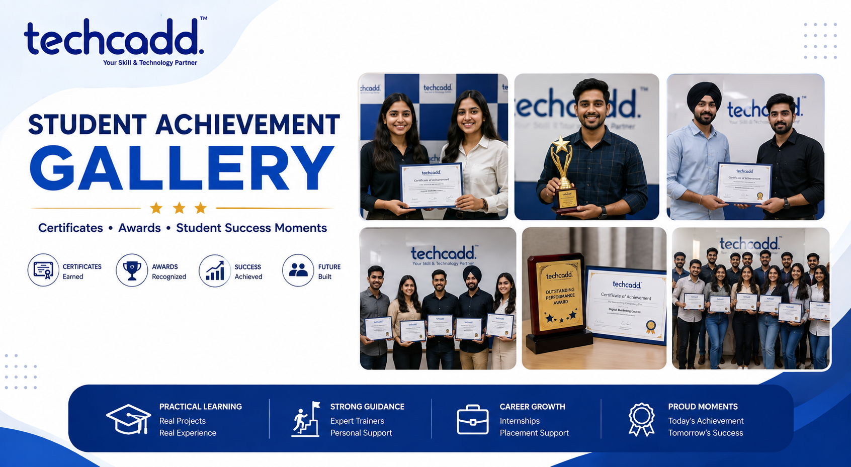 Student Achievement Gallery in Mohali at Techcadd showcasing certificates, awards, student success moments, practical training achievements, and career milestones.