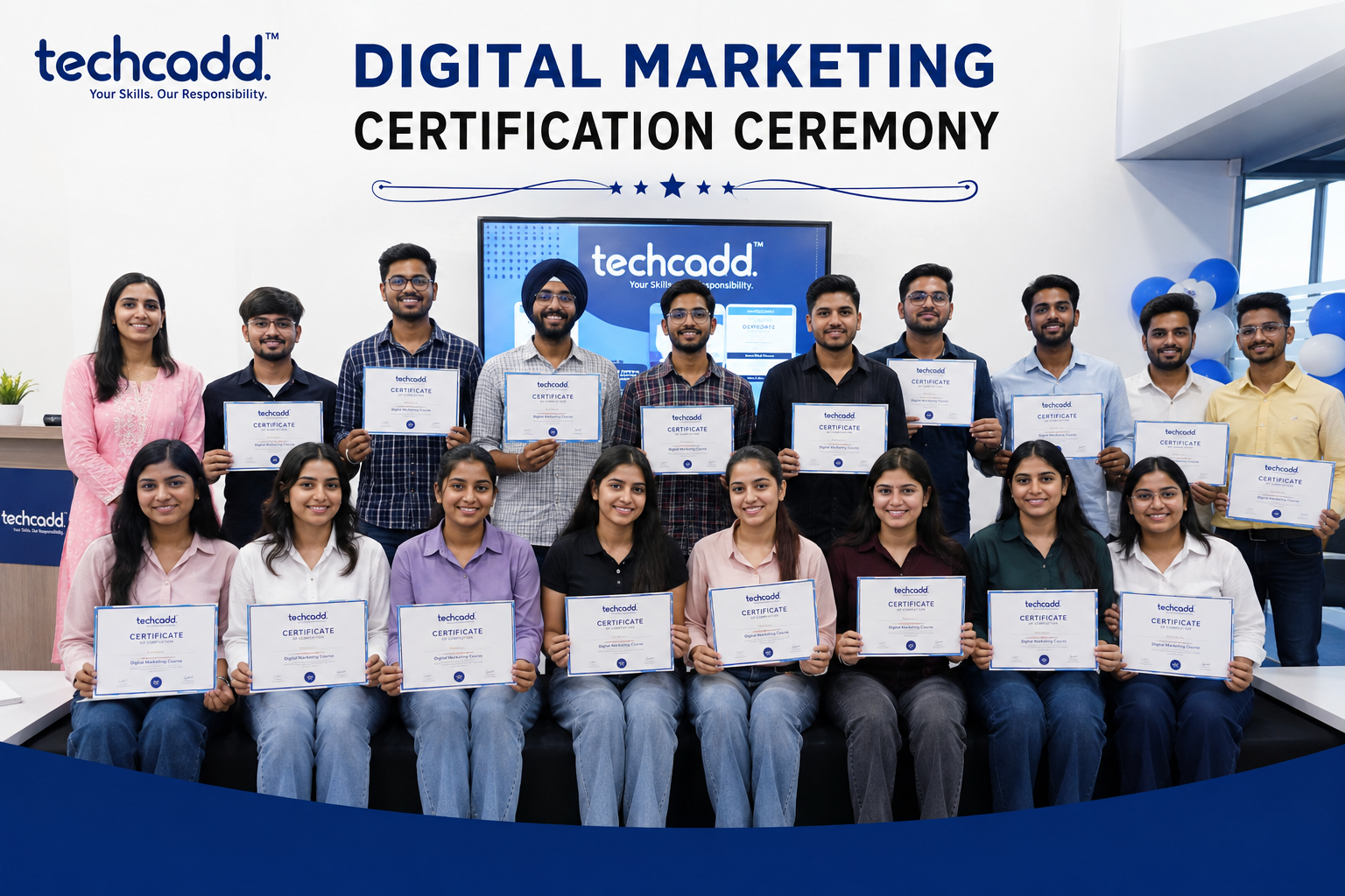 Digital Marketing Certification Ceremony in Mohali at Techcadd with certificate distribution, student celebrations, and successful course completion.
