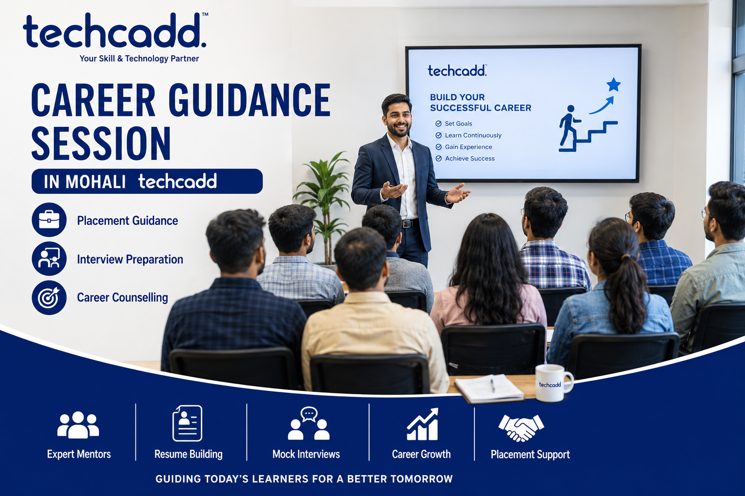 Career Guidance Session in Mohali at Techcadd featuring placement guidance, interview preparation, career counselling, and expert mentoring for students.