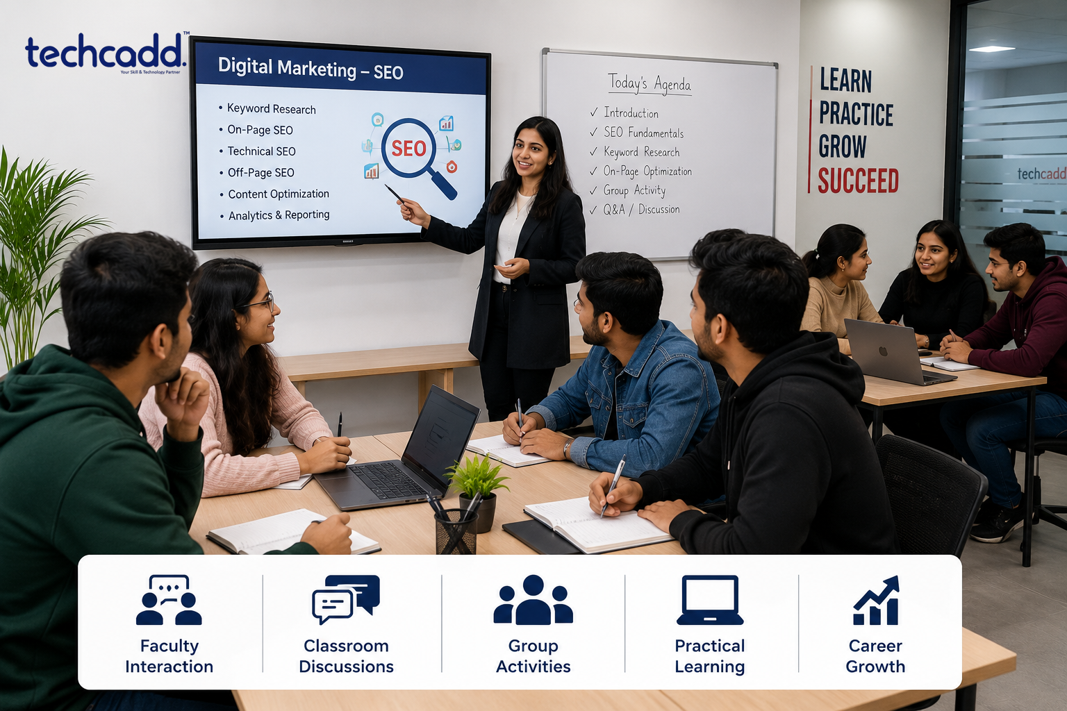 Students participating in classroom learning, faculty interaction and group activities at Techcadd