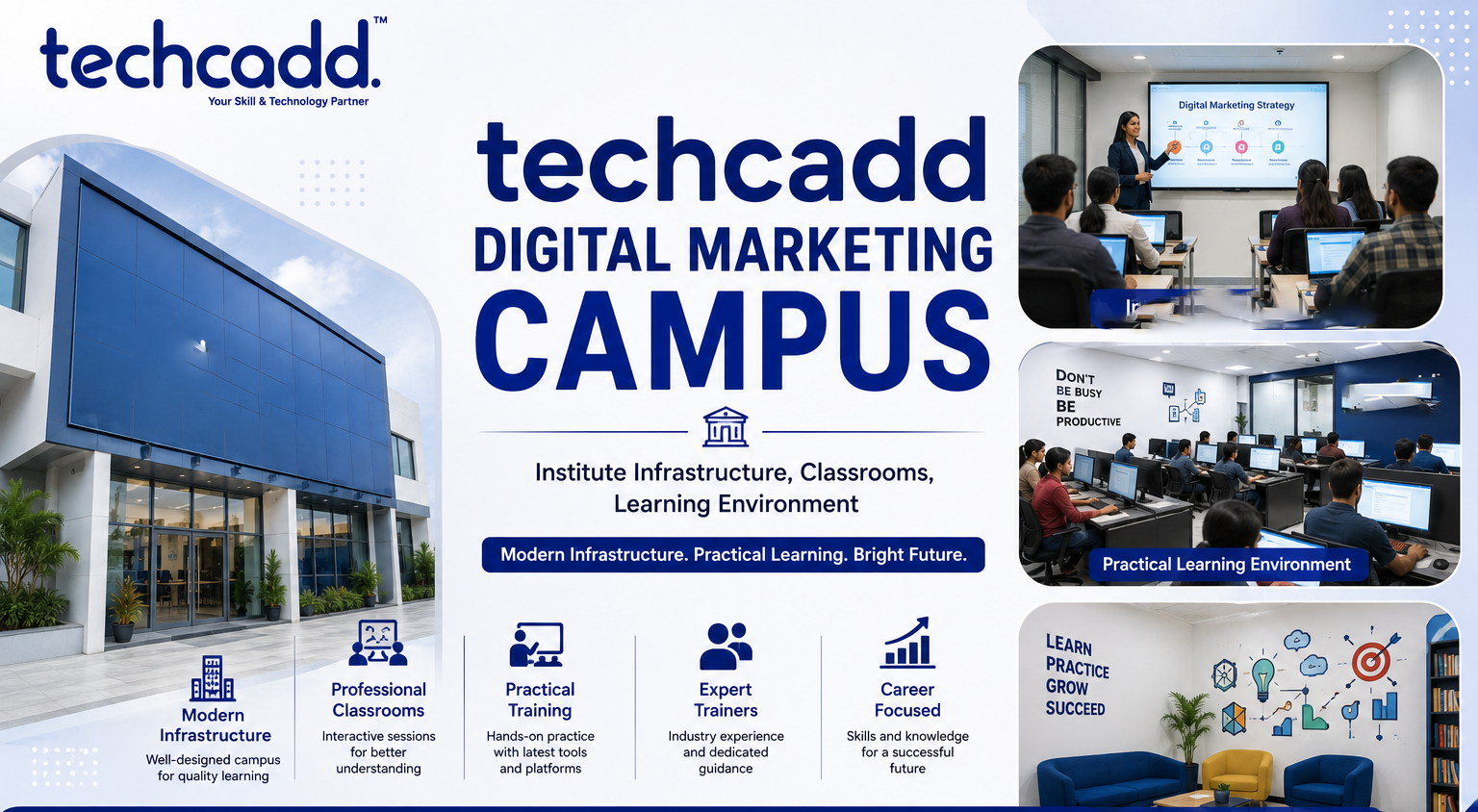 Techcadd digital marketing campus featuring modern institute infrastructure, professional classrooms, and a practical learning environment